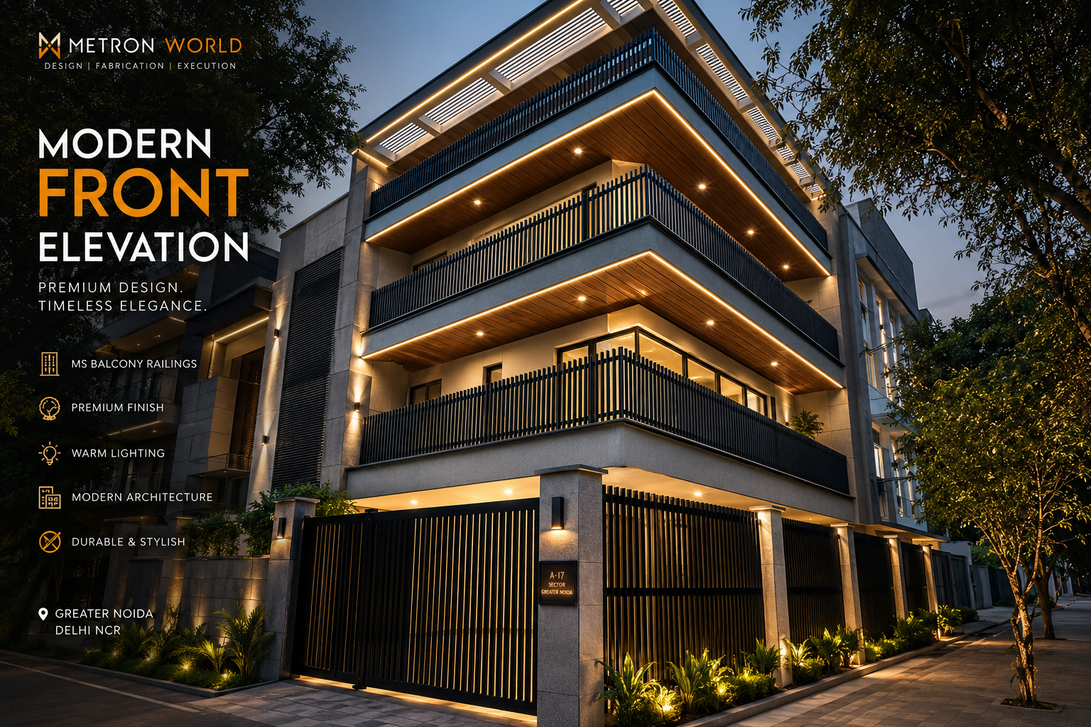 Modern Residential Front Elevation Design with MS Balcony Railings & Premium Exterior Finish