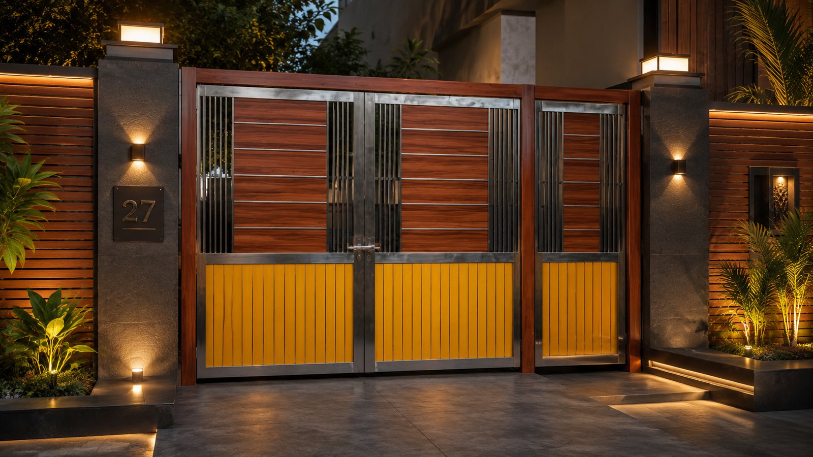 SS 304 Decorative Main Gate with Wood Finish WPC Sheet & FRP Fibre Panel