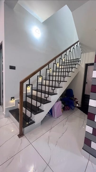 Modern Staircase Railing Design with MS Frame and Wooden Handrail