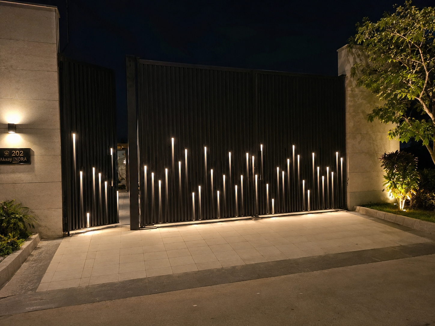 Modern Black Metal Gate Design with Decorative LED Lighting