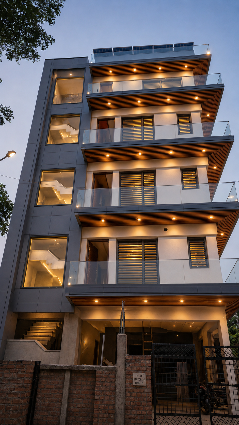 Modern House Elevation Design with ACP, Wooden Louvers & Glass Railings Slug (URL): modern-house-elevation-acp-wooden-louvers-glass-railings