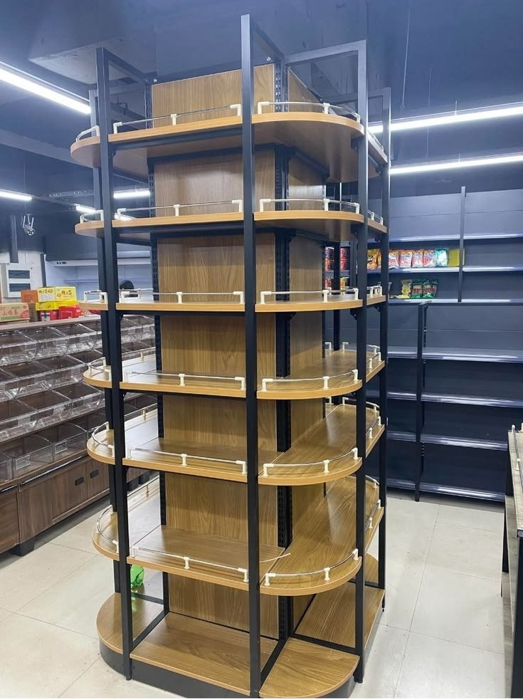 MS Retail Display Rack with Wooden Shelves & Curved Design